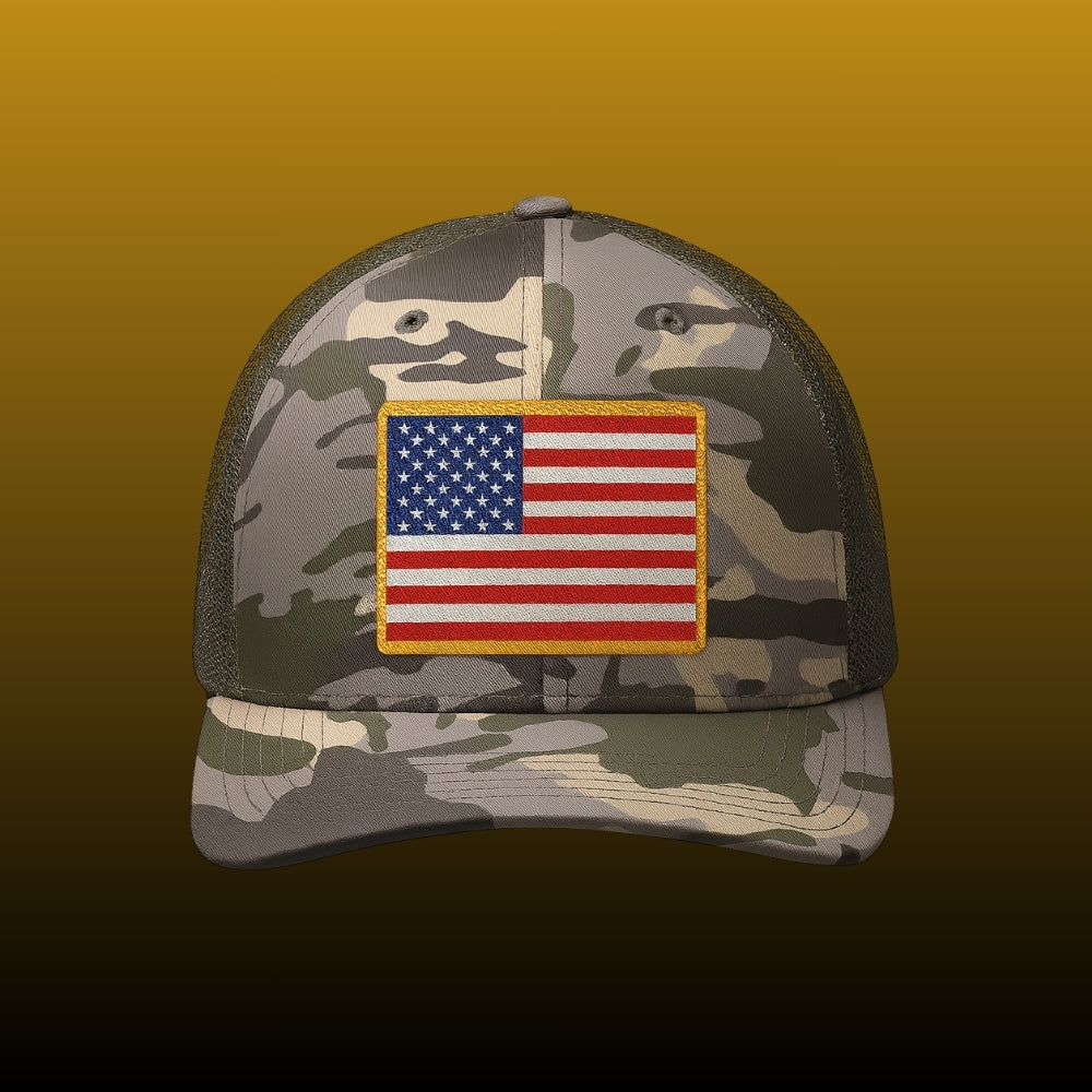 Camouflage Embroidered Trucker Hat | Military Style Cap for Outdoor Adventures, Father's Day Gift, USA Pride, Hunting, Sportswear