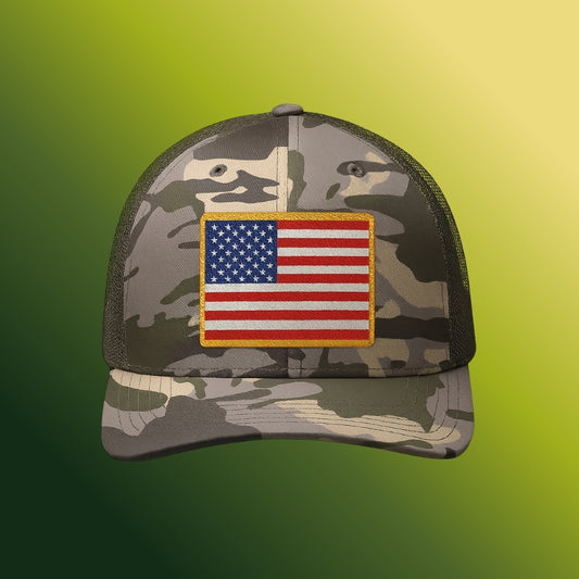 Camouflage Embroidered Trucker Hat | Military Style Cap for Outdoor Adventures, Father's Day Gift, USA Pride, Hunting, Sportswear